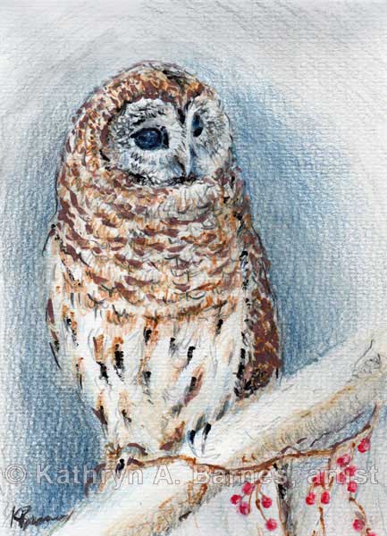 Winter Berry Owl by artist Kathryn Barnes